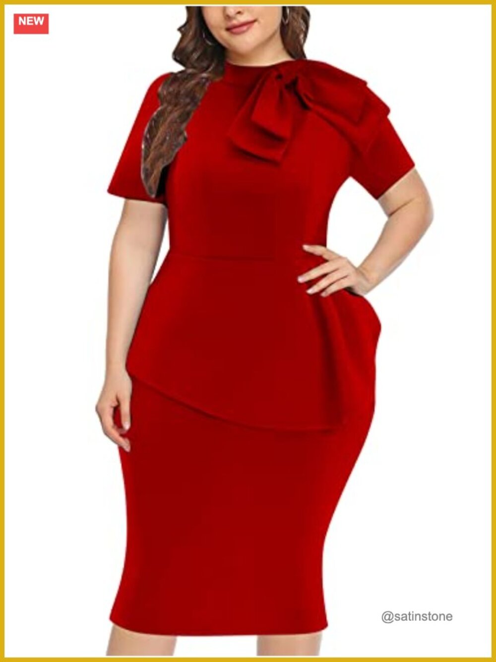 Plus Size Bodycon Peplum Cocktail Midi Dress Short Sleeve Ruffle Bow Work Party